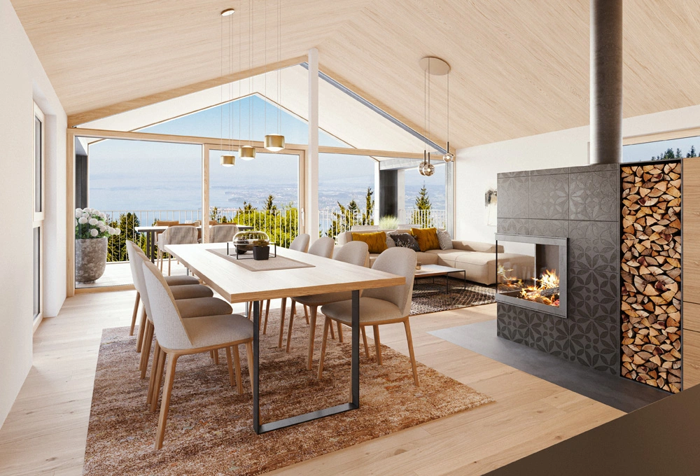 Seensucht Bergchalet Innenraum mit Ausblick