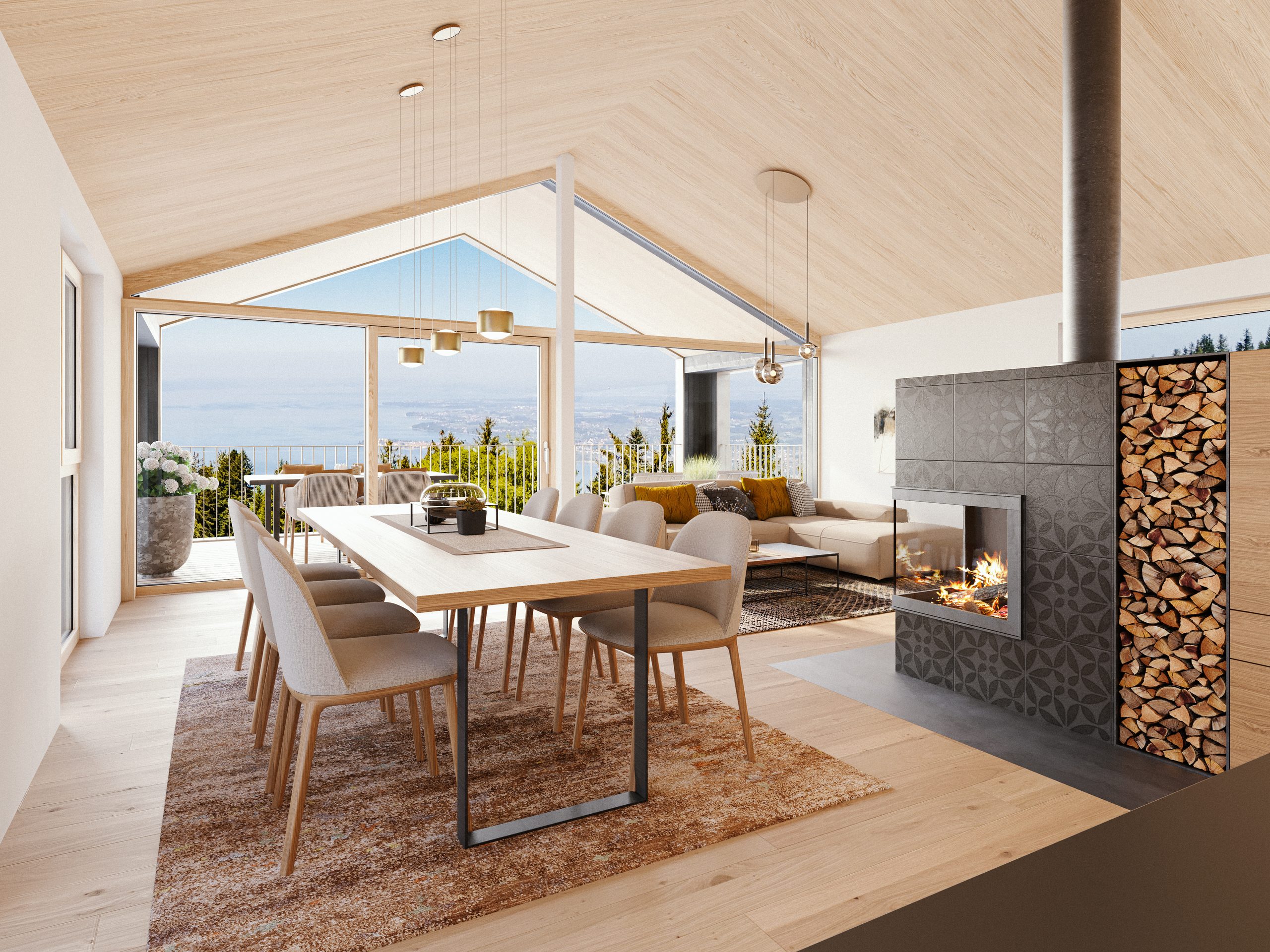 Esstisch mit Kamin und Holzlege im Chalet-Wohnraum