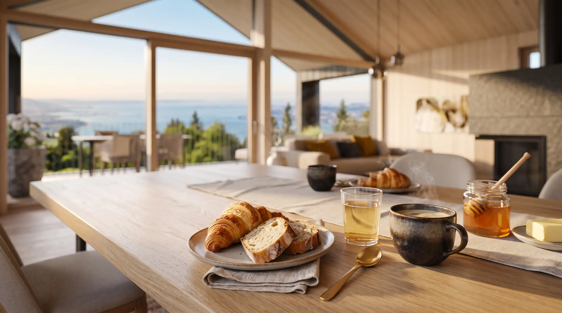 Visualisierung: Kaffee und Croissant am Fenster mit Blick auf den Bodensee