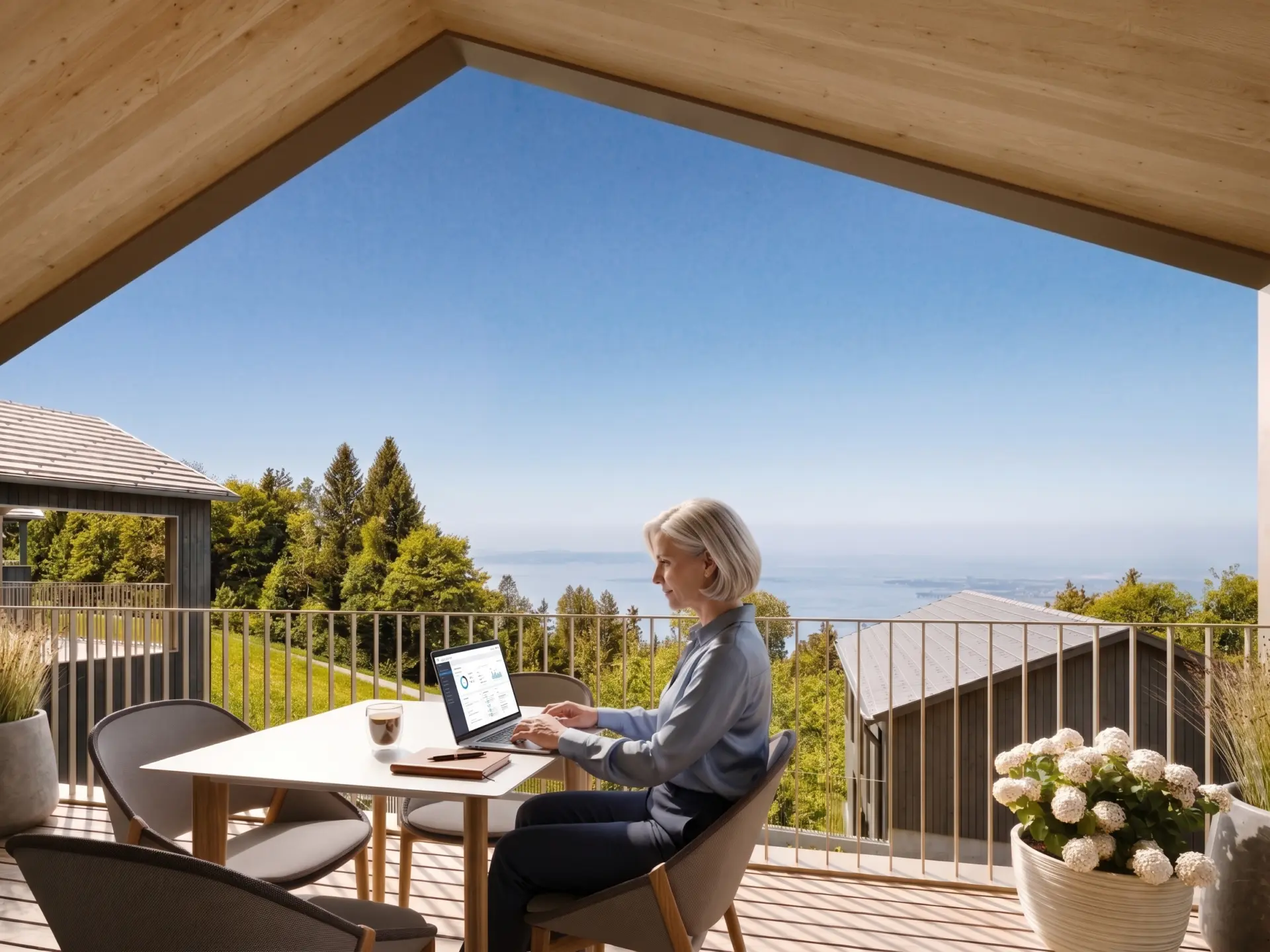 Visualisierung: Frau arbeitet mit Laptop auf der Loggia mit Blick auf den Bodensee