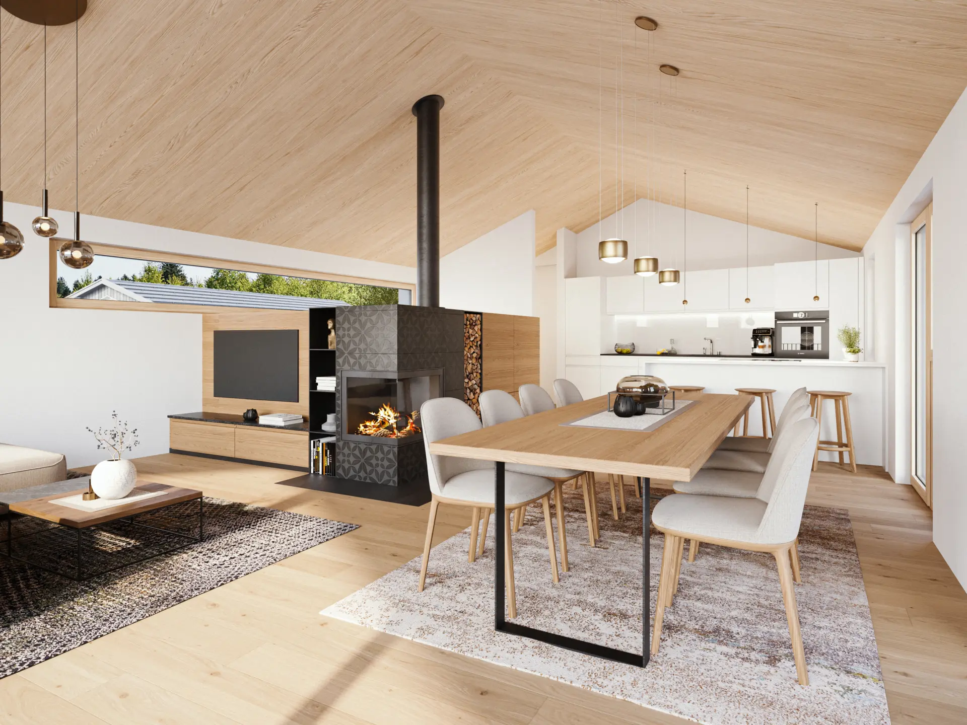 Visualisierung der offenen Wohnküche in einem der SEEnsucht BERGchalets
